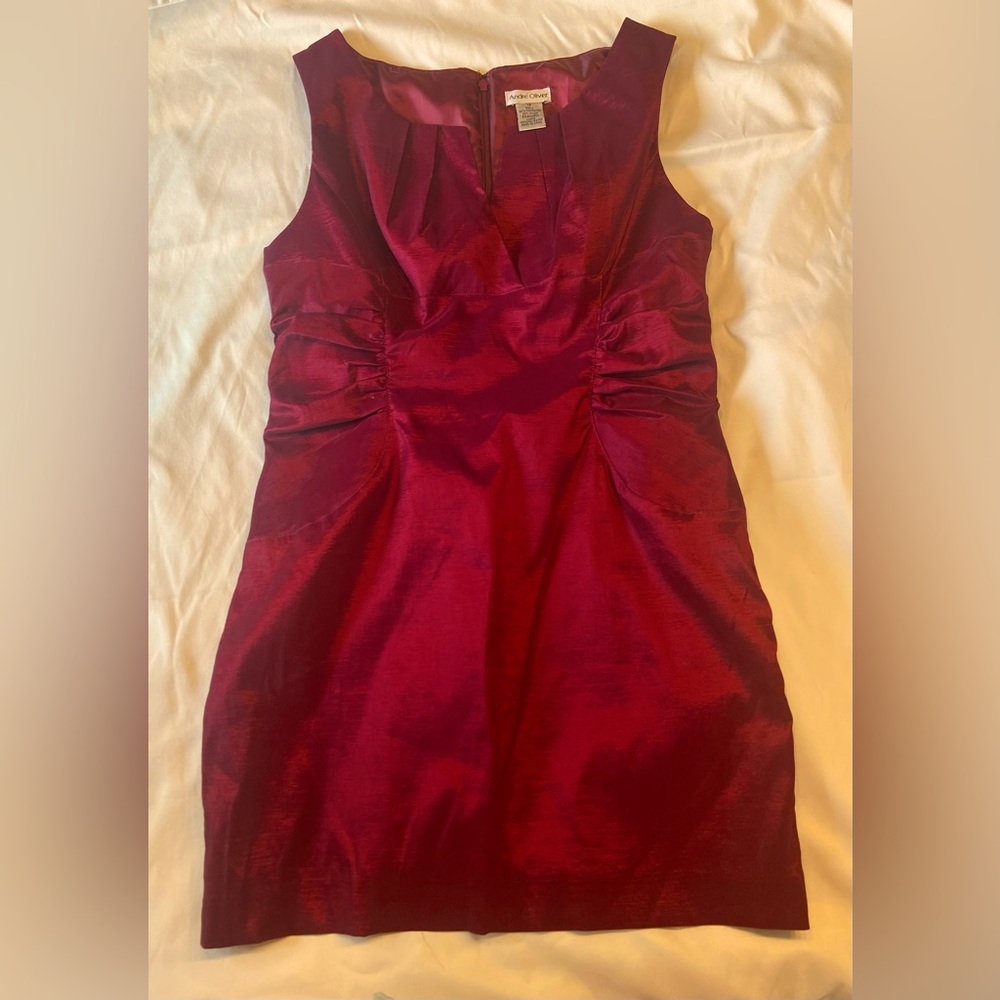 André Oliver maroon satin sheath dress. Size 14.